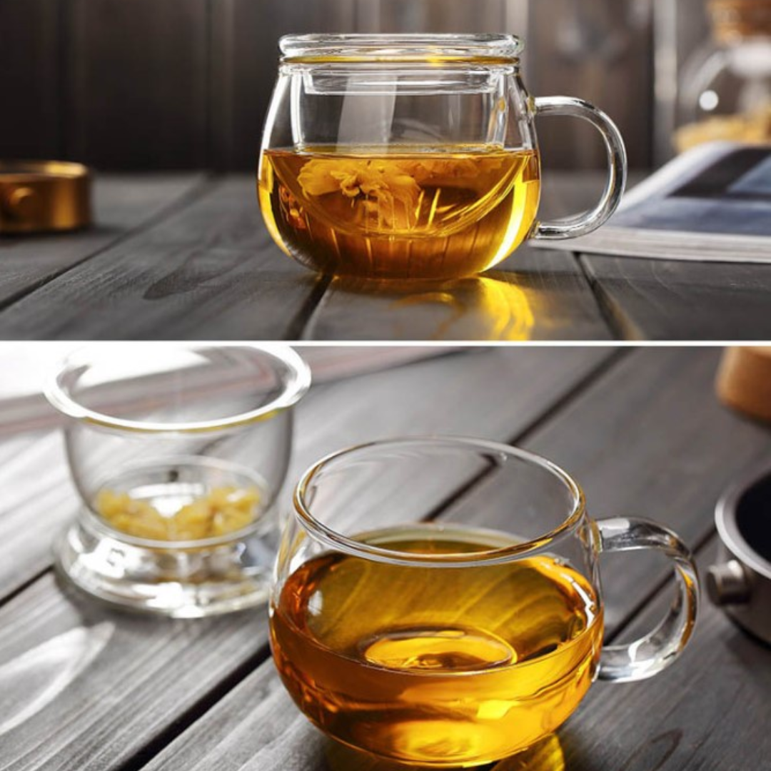 clear glass tea cup with infuser and lid – large