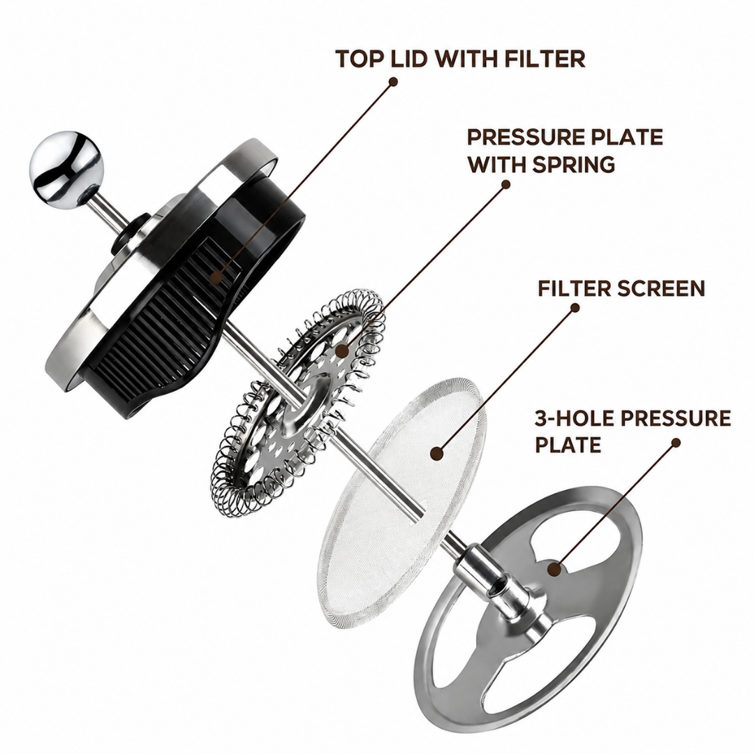 lass french press loose leaf tea brewer showing stainless steel mesh filter and heat resistant glass body berry kissed bliss