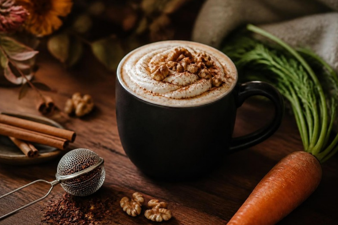 carrot cake tea latte with cream cheese foam, walnuts and cinnamon