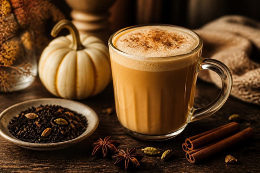 golden pumpkin chai latte in a glass mug with cinnamon and chai spices