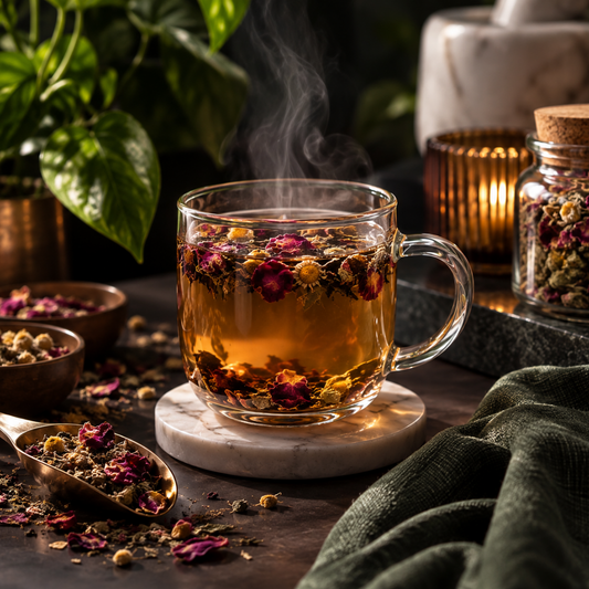 Glass cup of loose leaf herbal tea surrounded by dried herbs in a modern apothecary setting.