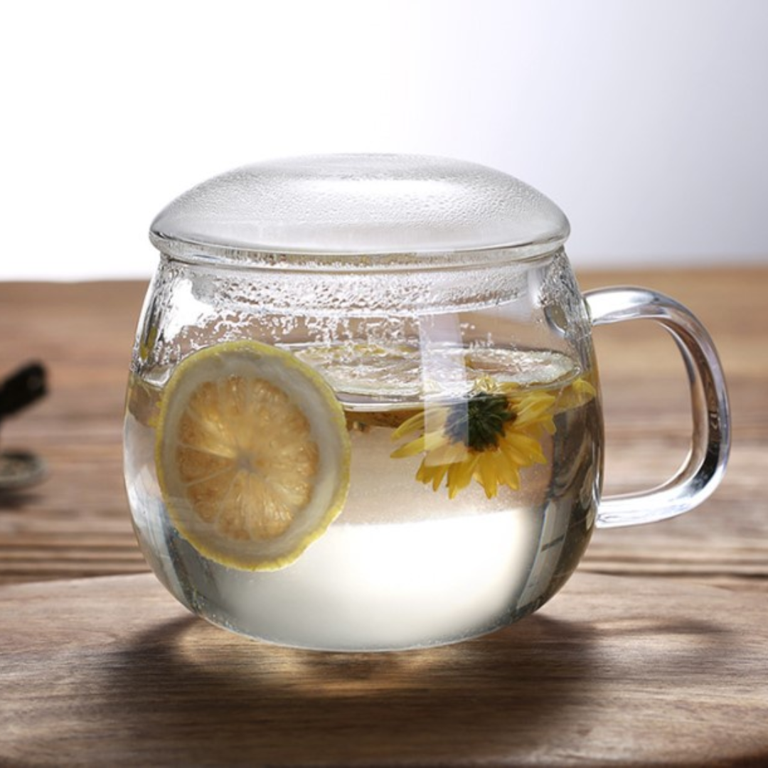 clear glass tea cup with infuser and lid – large