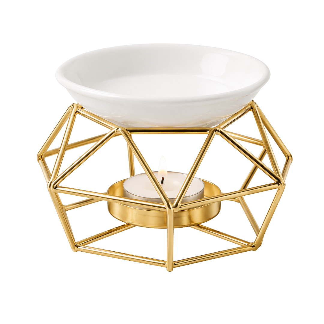 gold geometric decorative oil and wax burner tealight powered home fragrance berry kissed bliss