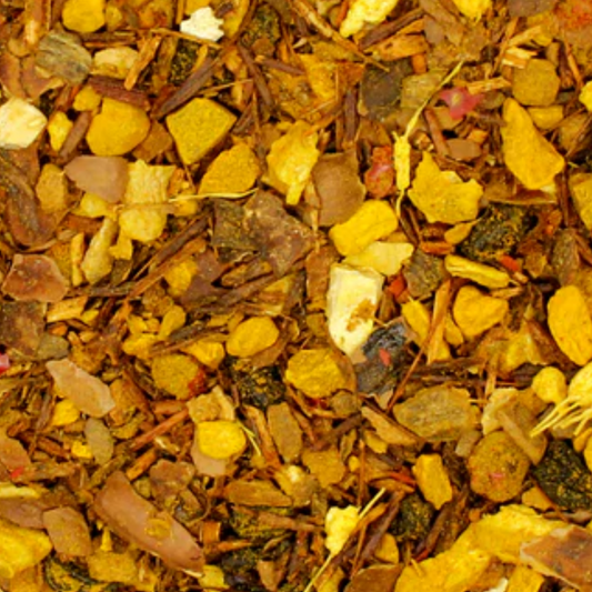 golden glow loose leaf herbal tea with turmeric ginger cinnamon and rooibos berry kissed bliss