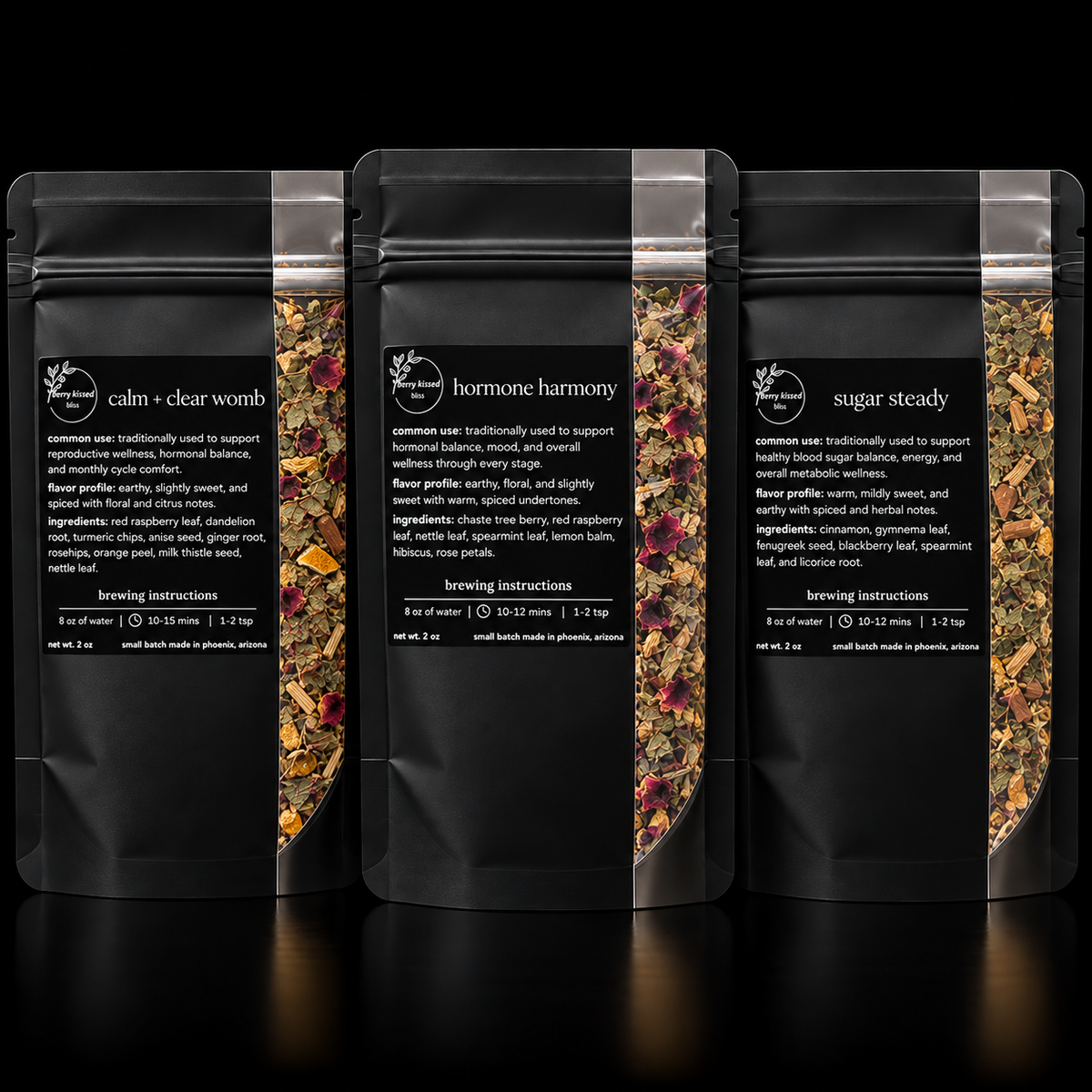 Hormone + Women's Wellness herbal tea ritual bundle with Hormone Harmony, Calm + Clear Womb and Sugar Steady by Berry Kissed Bliss